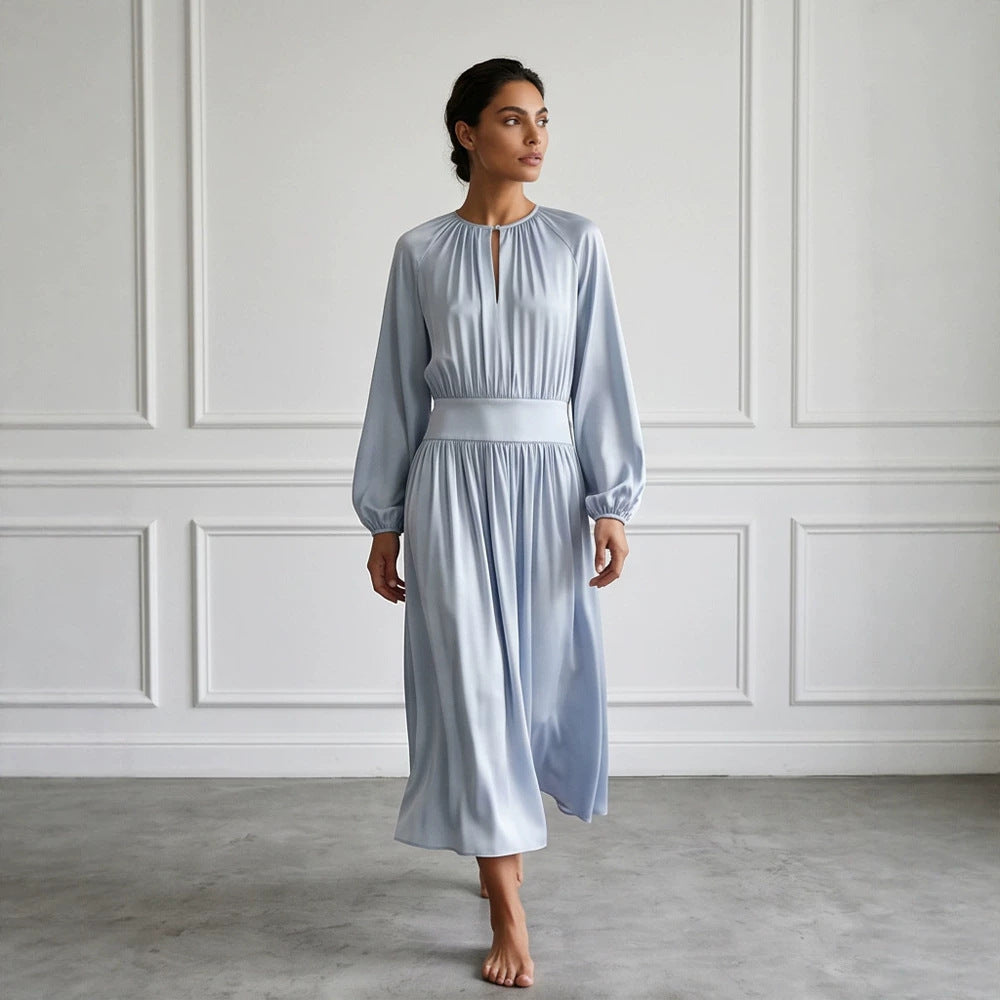 Women's Flowing Midi Dress with Wide Waistband, Gathered Top and Balloon Sleeves Chichicherry