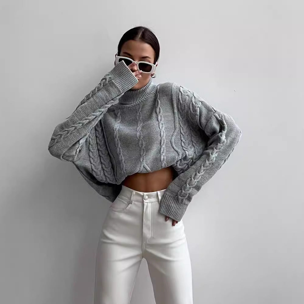 Damen Grobstrick-Rollkragenpullover mit Zopfstrick-Details Chichicherry