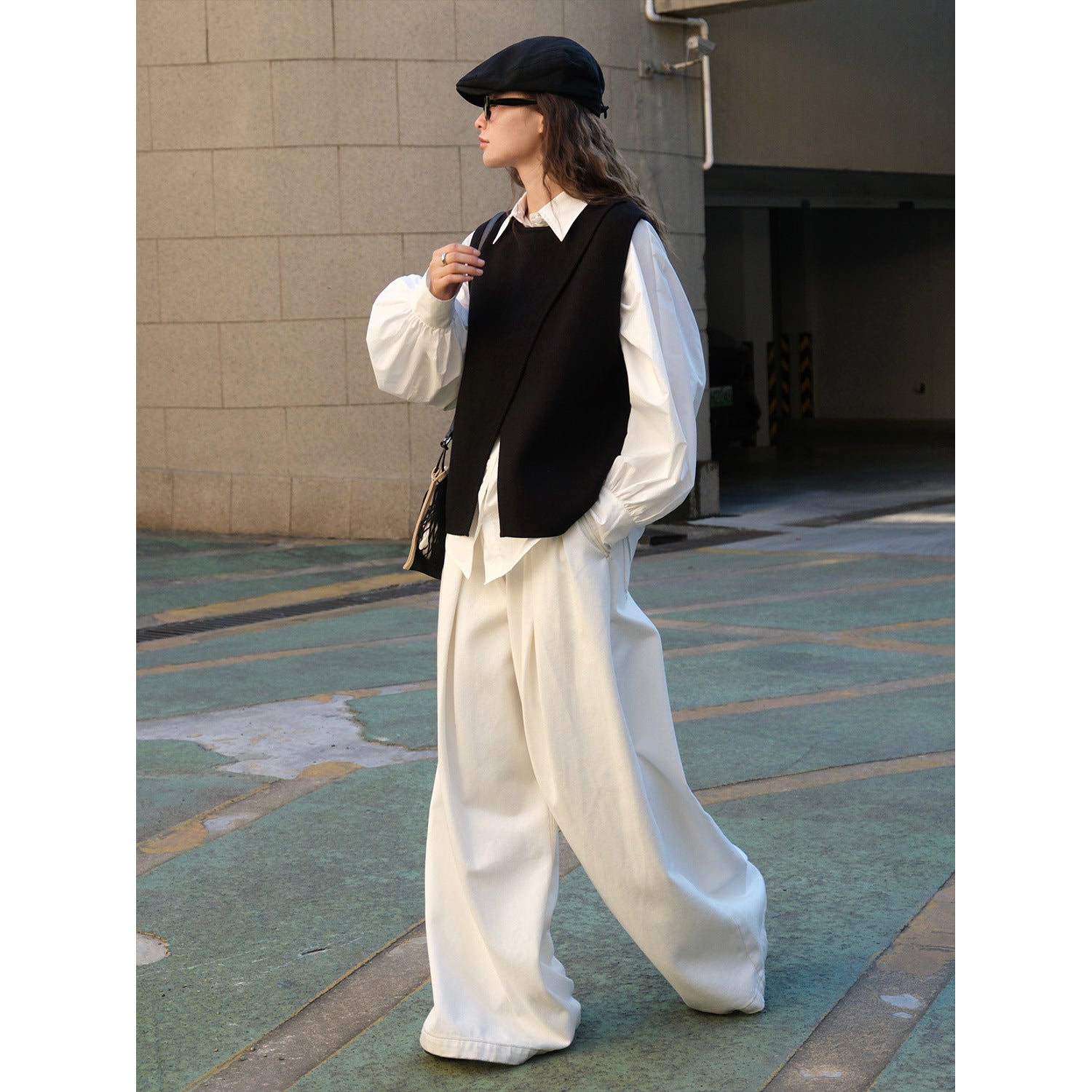 Women's Asymmetrical Knit Vest with Draped Front and Round Neck
