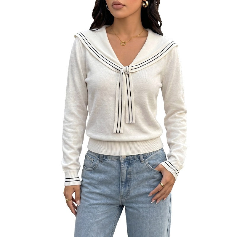 Women Sailor Collar Sweater with Bow Detail and Fine Ribbed Hem Chichicherry