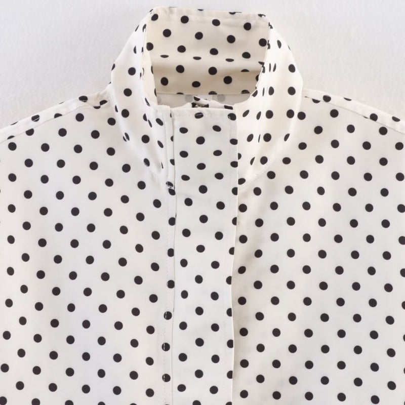 Women's Cropped Quilted Jacket with Polka Dot Print, Stand Collar and Drawstring Chichicherry