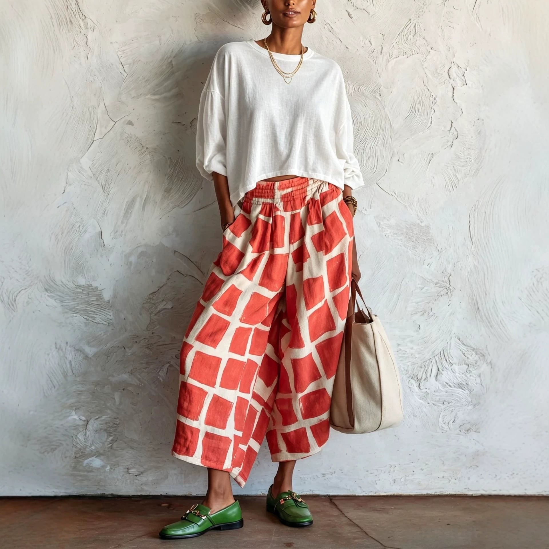 Women's Wide Culotte Pants made of Linen Blend with Elastic Waistband and Graphic Print Chichicherry