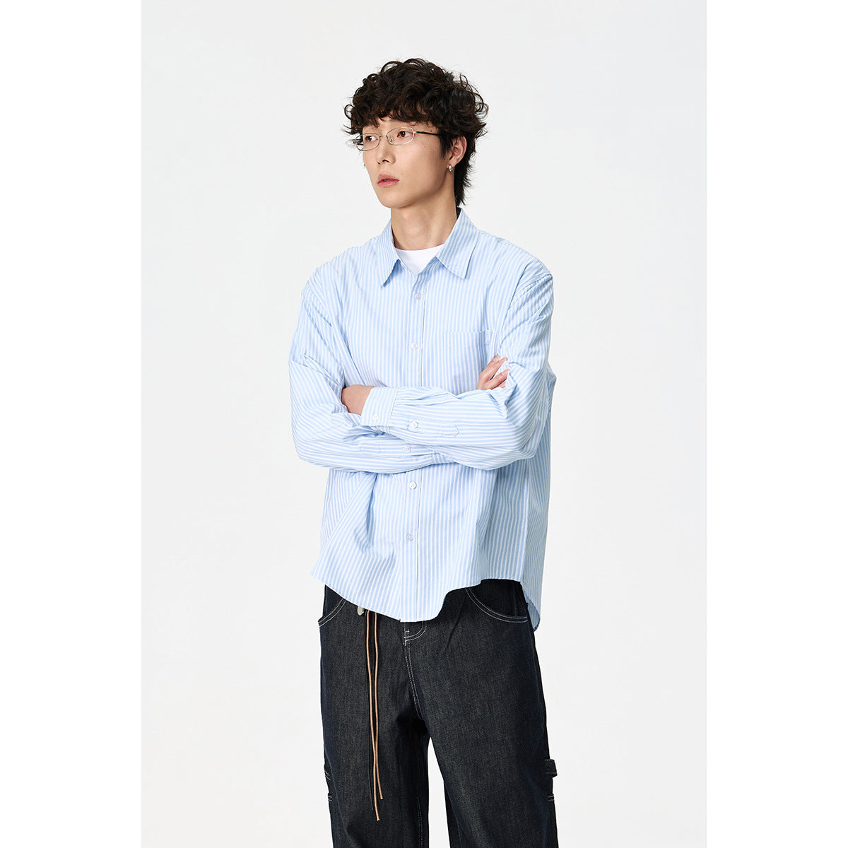 Women's Oversized Shirt Blouse with Kent Collar, Chest Pocket, and Rounded Hem Chichicherry