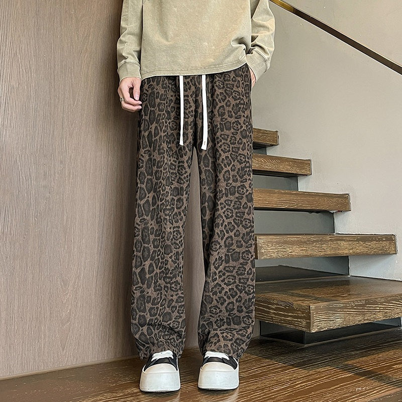 Men's Loose Fit Leopard Print Pants made of Lightweight Viscose Blend with Drawstring Chichicherry