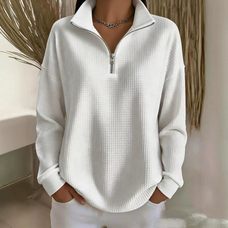 Women's Waffle Knit Sweatshirt with Half Zip and Stand Collar Chichicherry