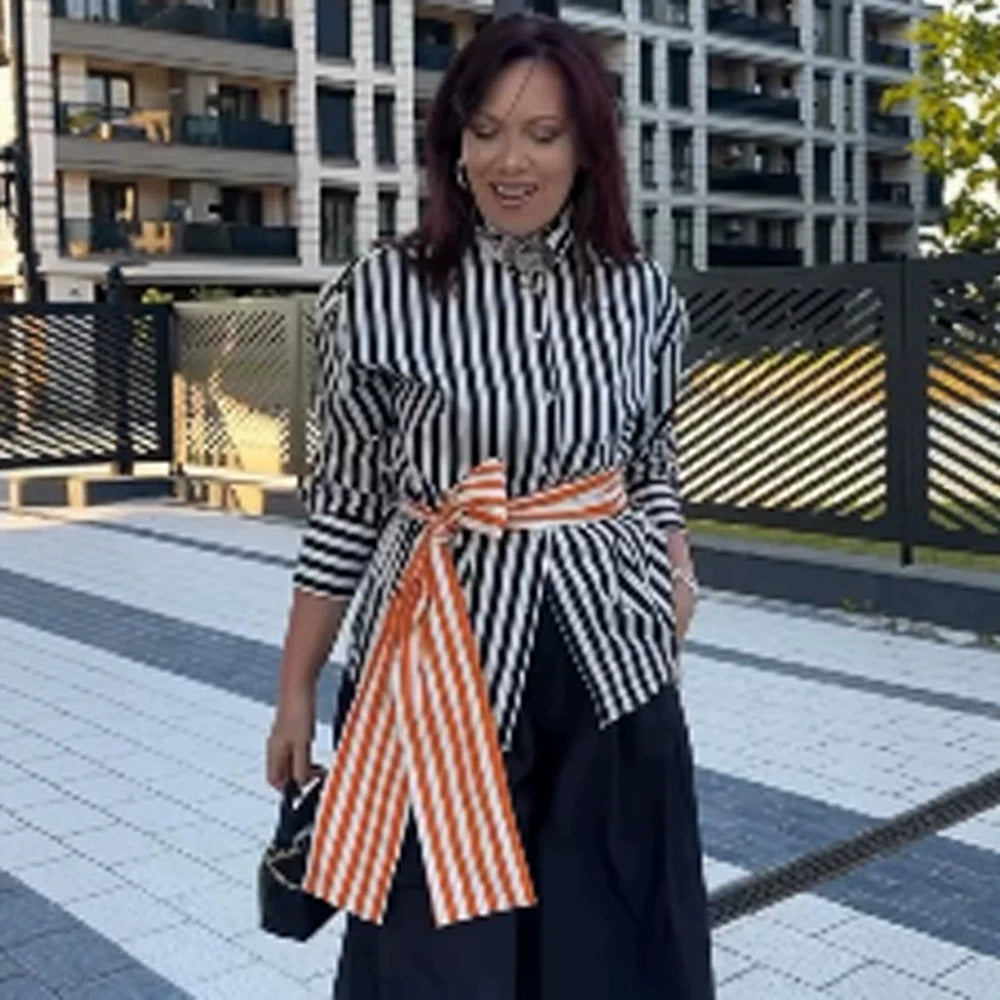 Women Vertical Striped Oversize Shirt Blouse with Boxy Silhouette and Tie Belt Chichicherry