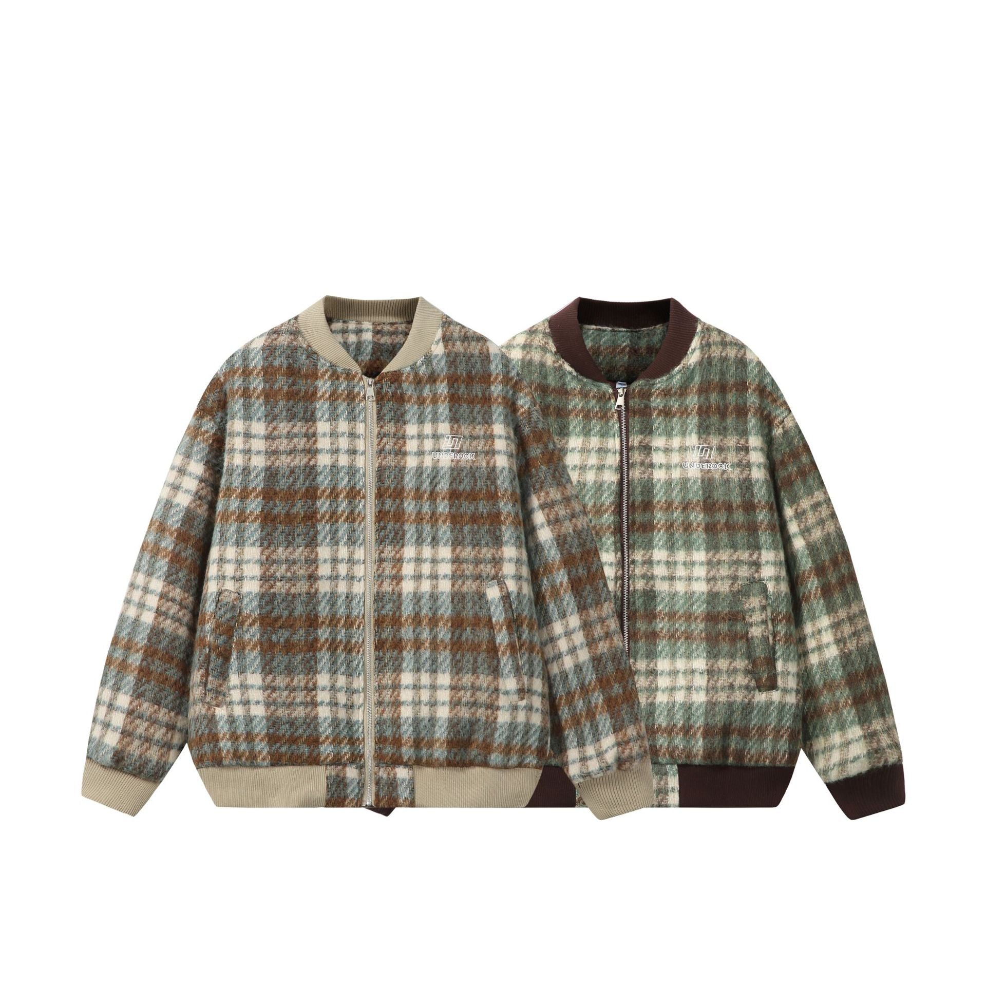 Unisex Short boxy cut wool mix bomber with check pattern and ribbed cuff Chichicherry
