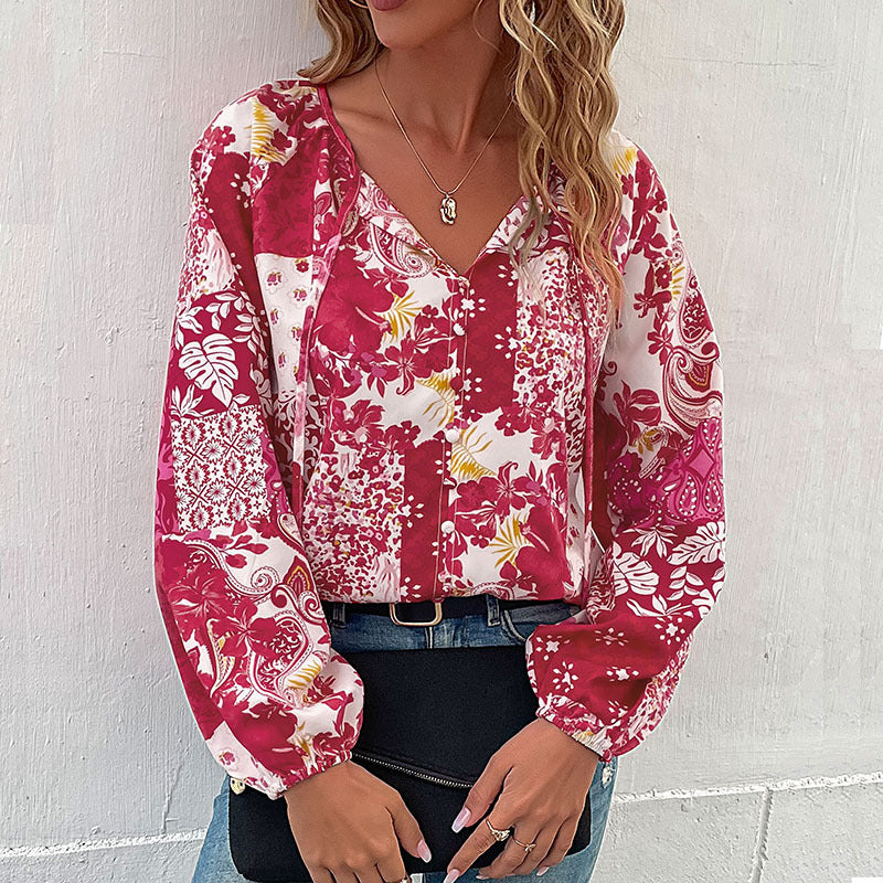 Women's Light Boho Blouse with Patchwork Print, Tied Slit and Balloon Sleeves Chichicherry