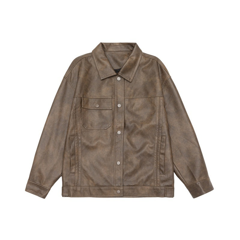 Men's loosely cut overshirt in vintage leather look with snap button front and breast flap Chichicherry