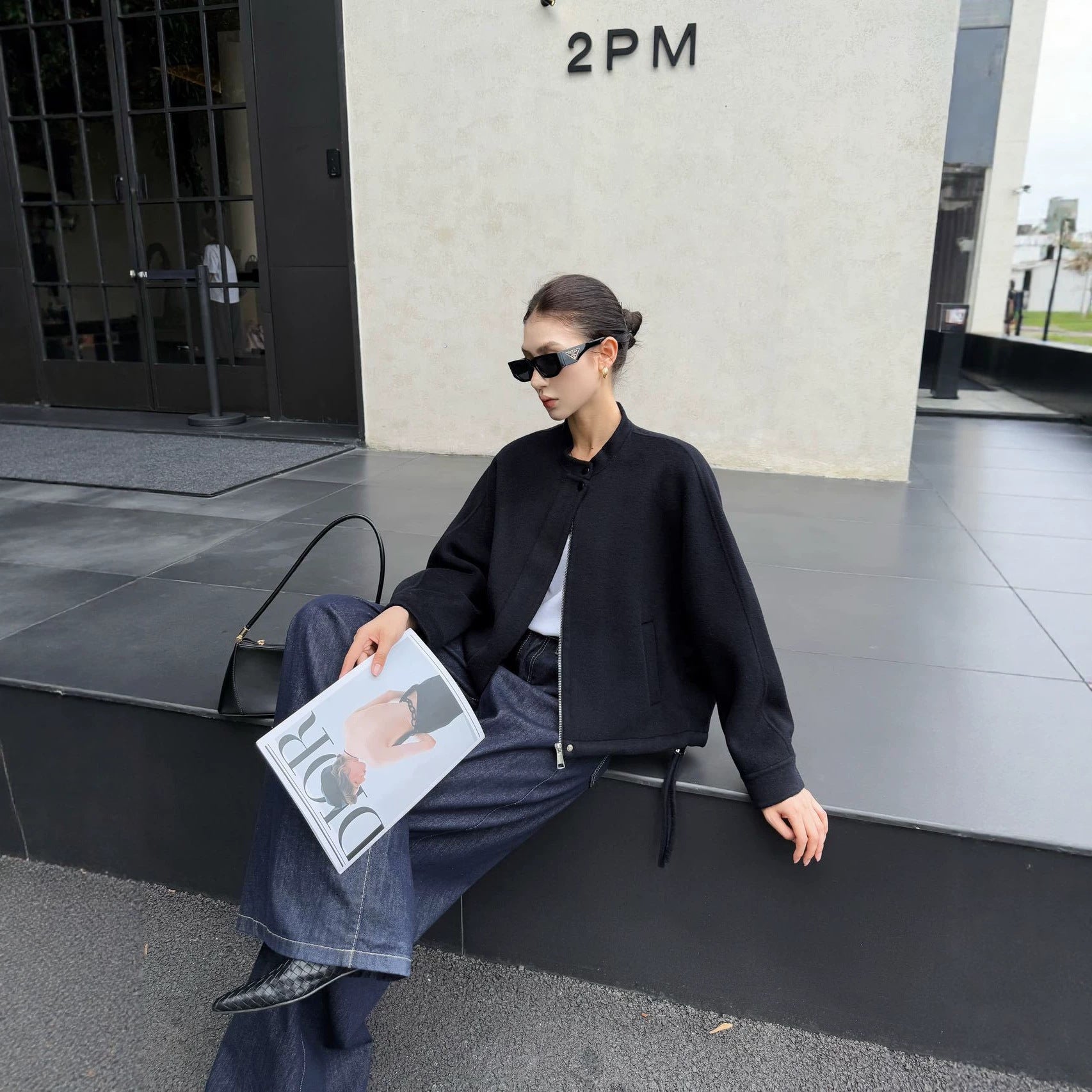 Women's short cut minimalist bomber jacket with stand-up collar Chichicherry