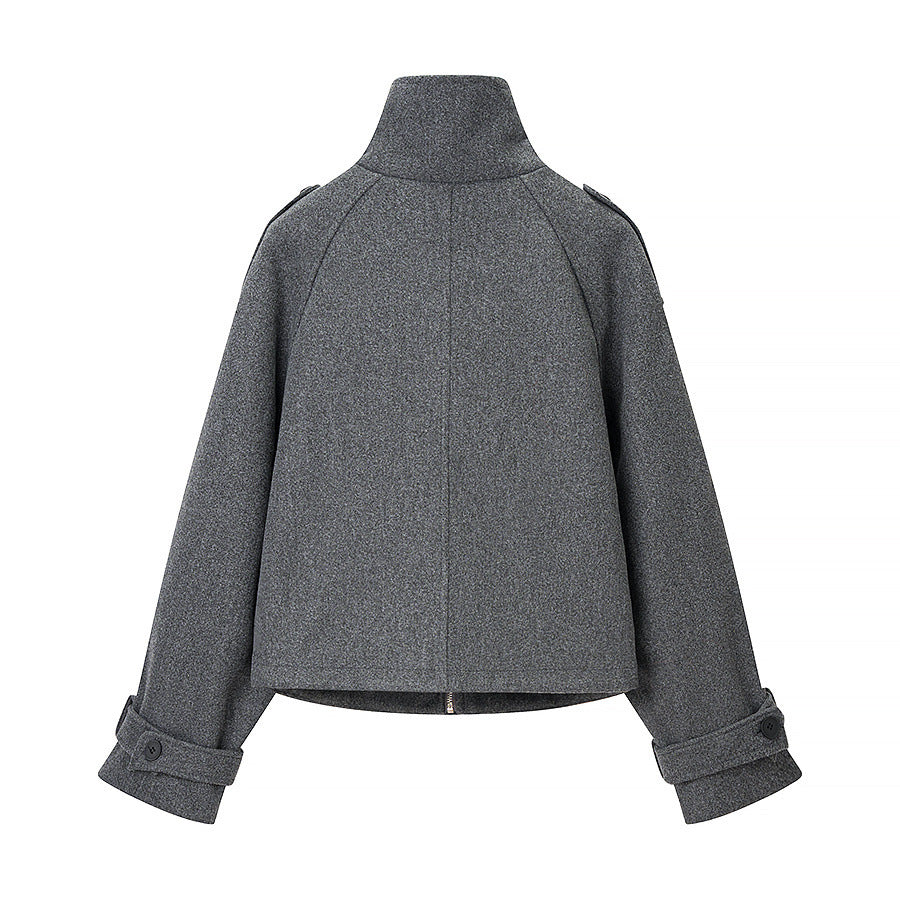 Women's short cut wool blend cropped jacket with stand-up collar, epaulettes, and adjustable sleeve straps Chichicherry