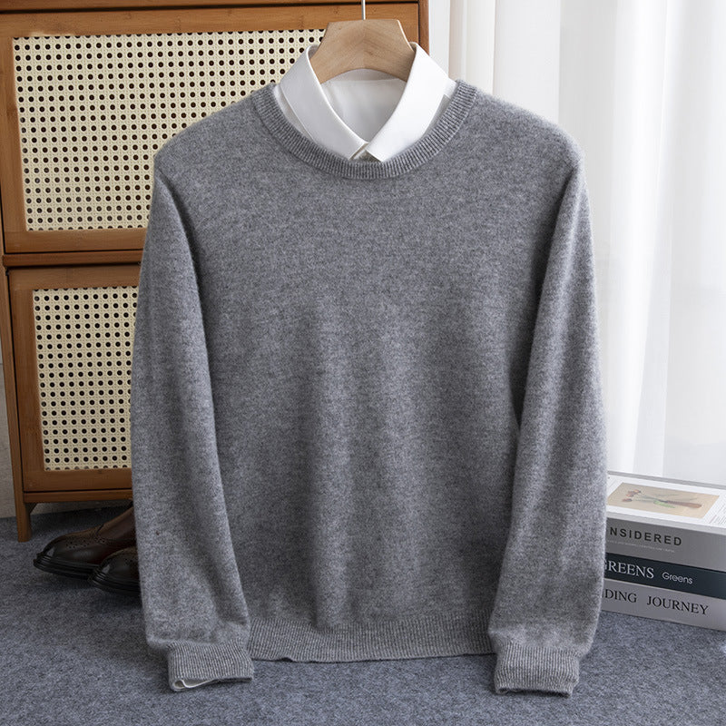 Men's Simple Round Neck Fine Knit Sweater Cashmere-like Feel with Ribbed Trims Chichicherry