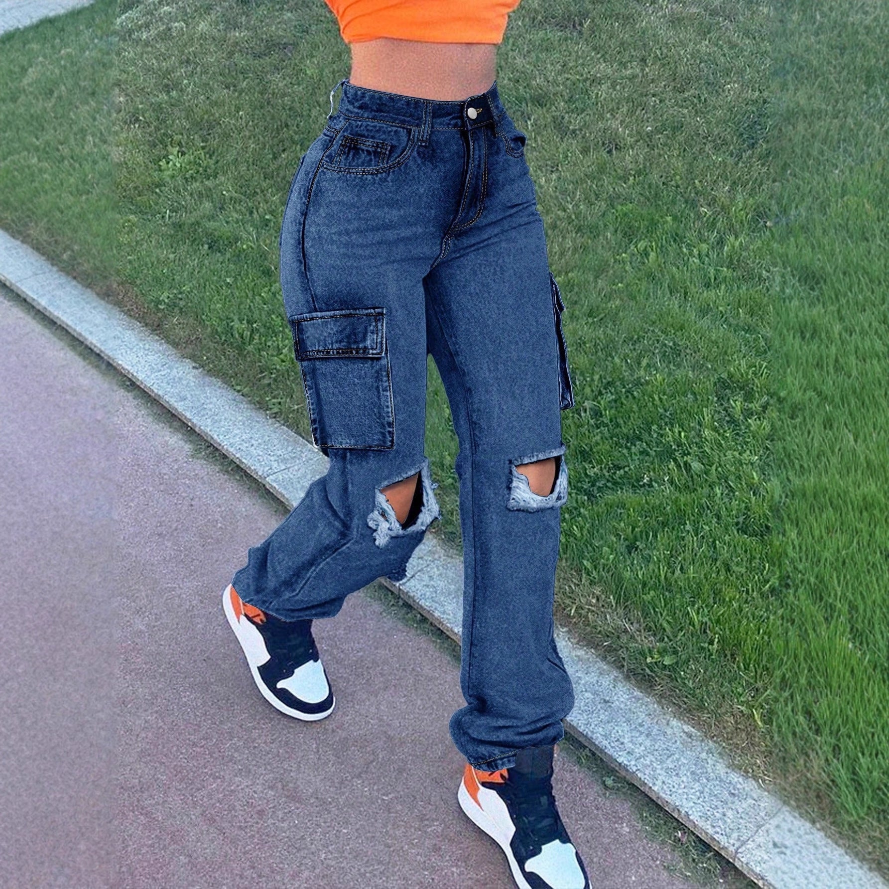 Ladies High-Waist Cargo Jeans with straight leg, knee rips and side flap pocket Chichicherry