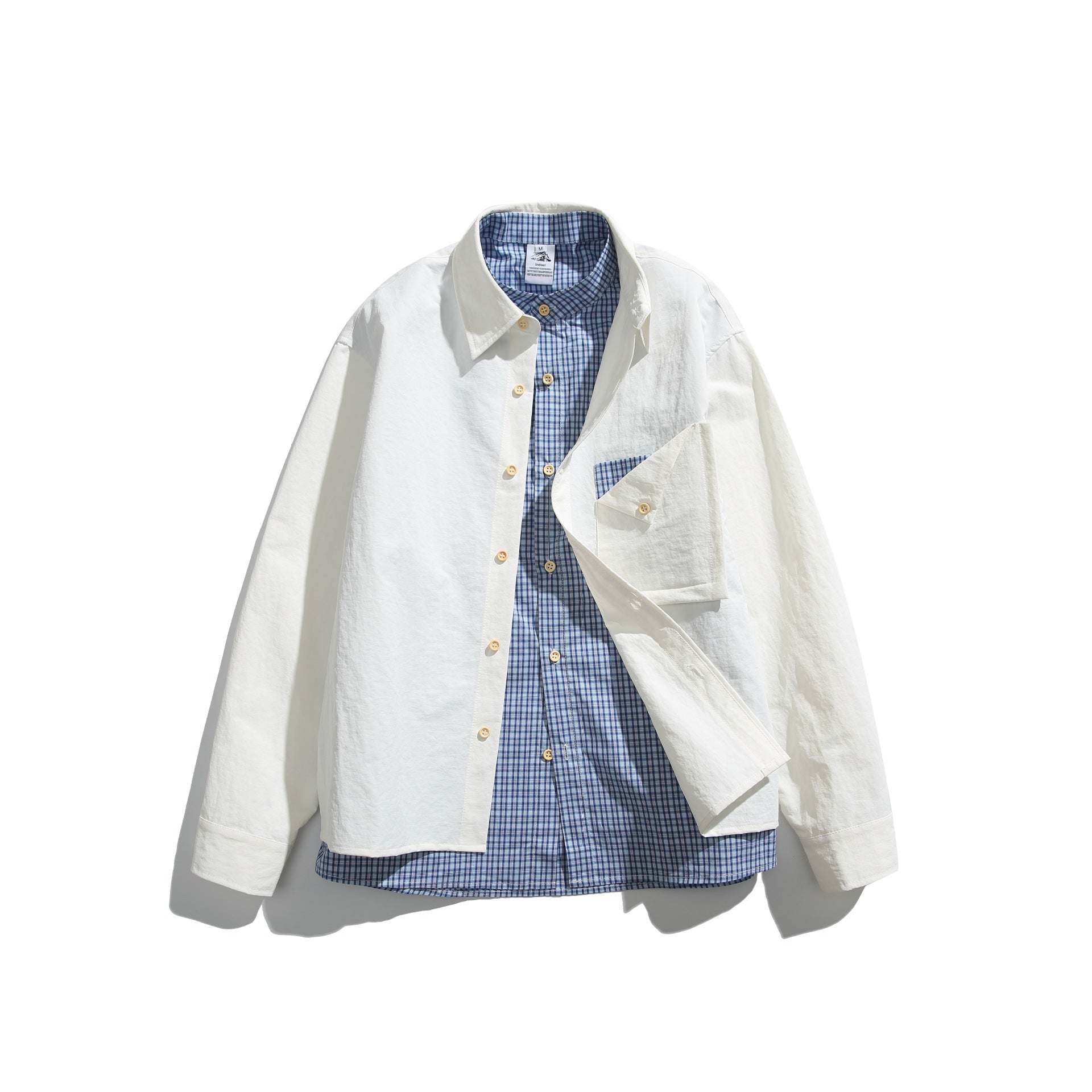 Men's Boxy Overshirt in Layer Look with checked inner lining, breast pocket and wooden buttons Chichicherry