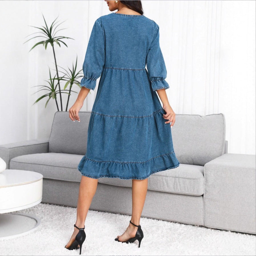 Women's tiered ruffle denim midi dress with elbow-length sleeves and gathered empire waist Chichicherry