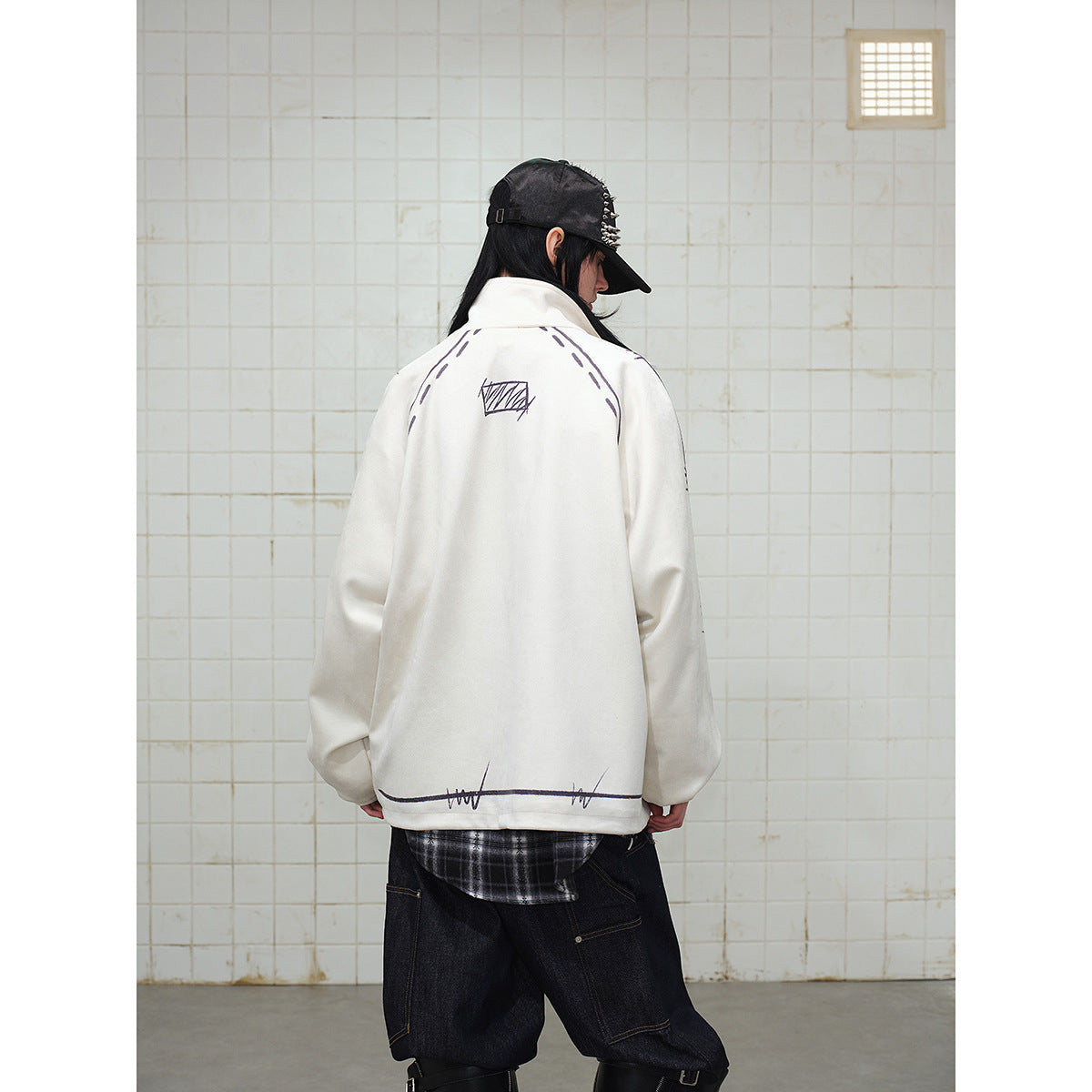 Unisex Oversize Fleece Jacket with Stand-Up Collar and Graphic Sketch Print Chichicherry
