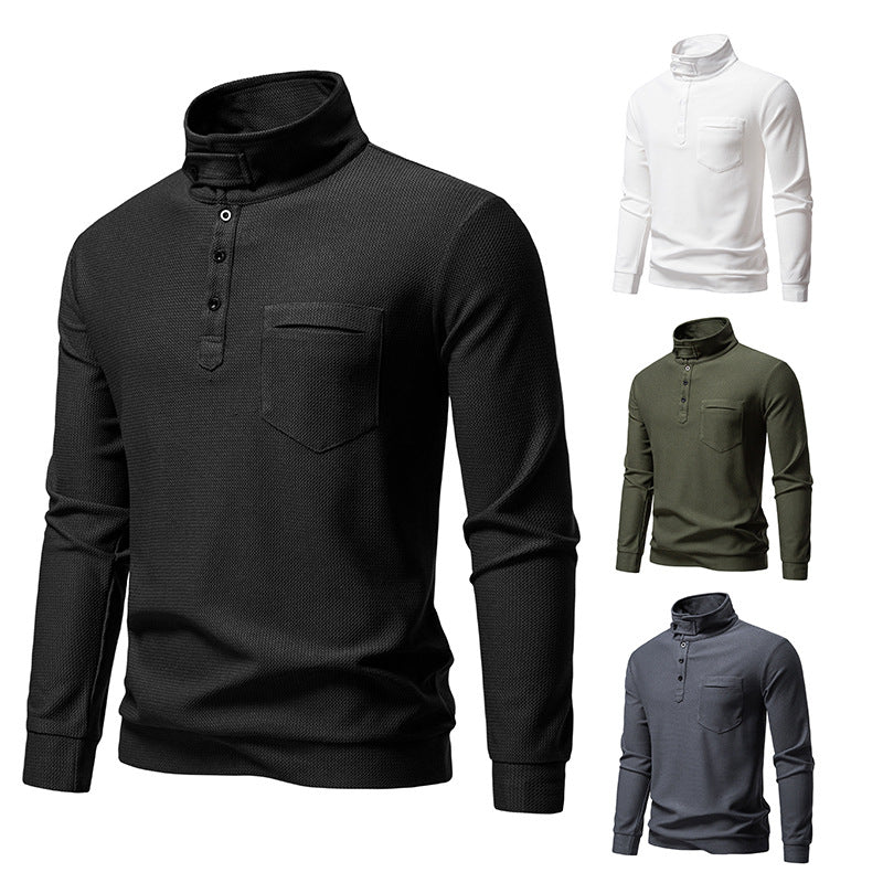 Men's Textured Waffle Knit Henley Shirt with High Collar, Button Placket and Chest Pocket Chichicherry