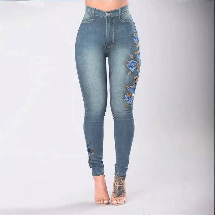 Women High-Waisted Sculpting Skinny Jeans with Side Floral Embroidery Chichicherry