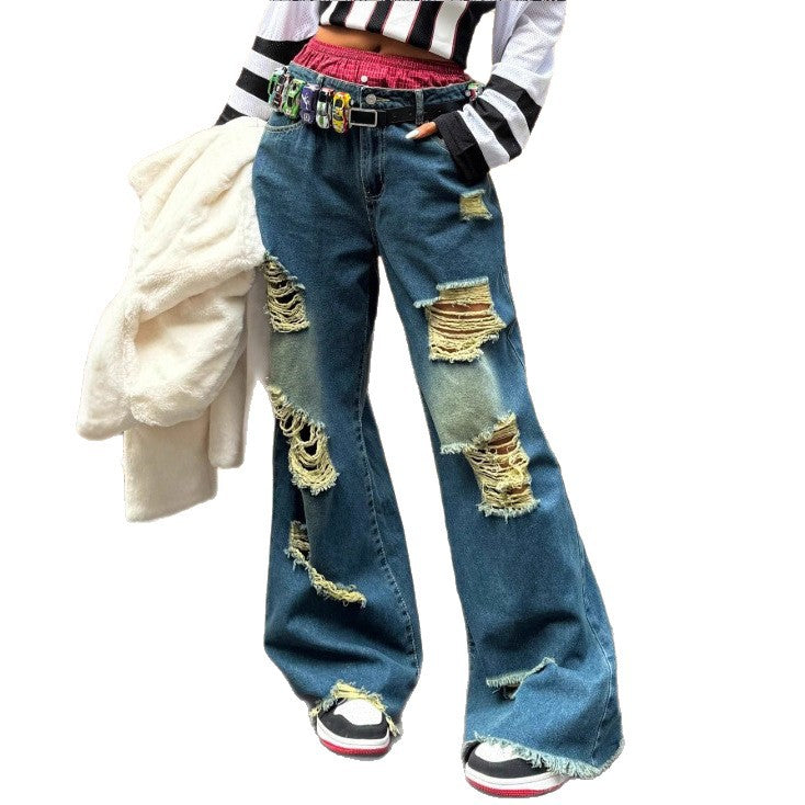 Women's wide Destroyed-Denim-Jeans with Neon Fringe Application Chichicherry