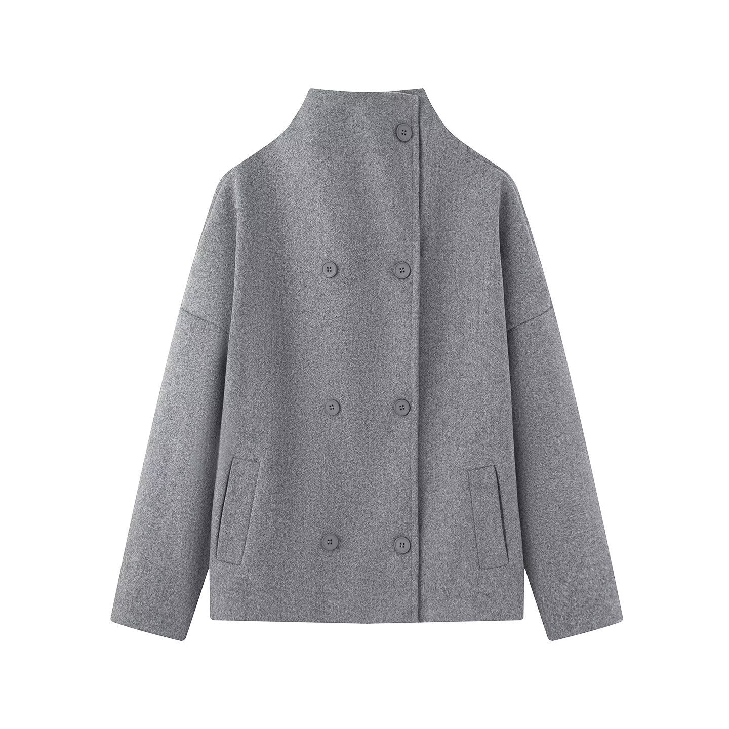 Ladies short coat made of wool blend with stand-up collar, dropped shoulder and double-breasted button placket Chichicherry
