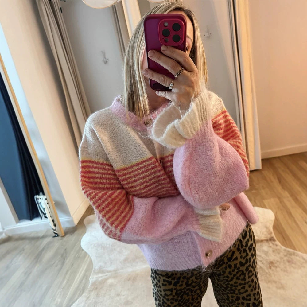 Women's Short Knit Cardigan made of Mohair Blend with Stripes, Button Placket and Balloon Sleeves Chichicherry