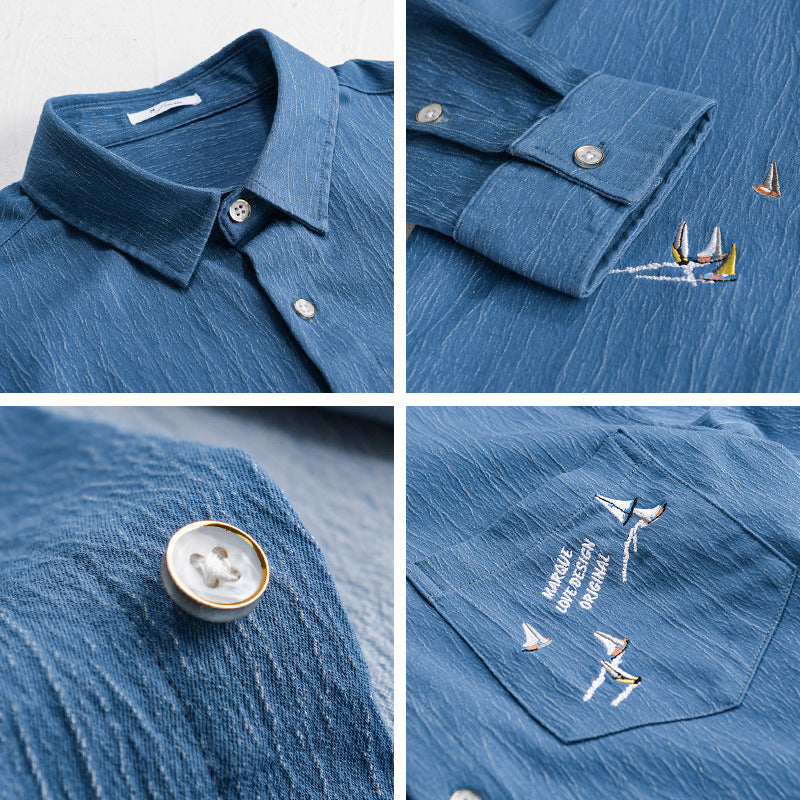 Men's Textured Chambray Overshirt with Maritime Embroidery and Chest Pocket Chichicherry