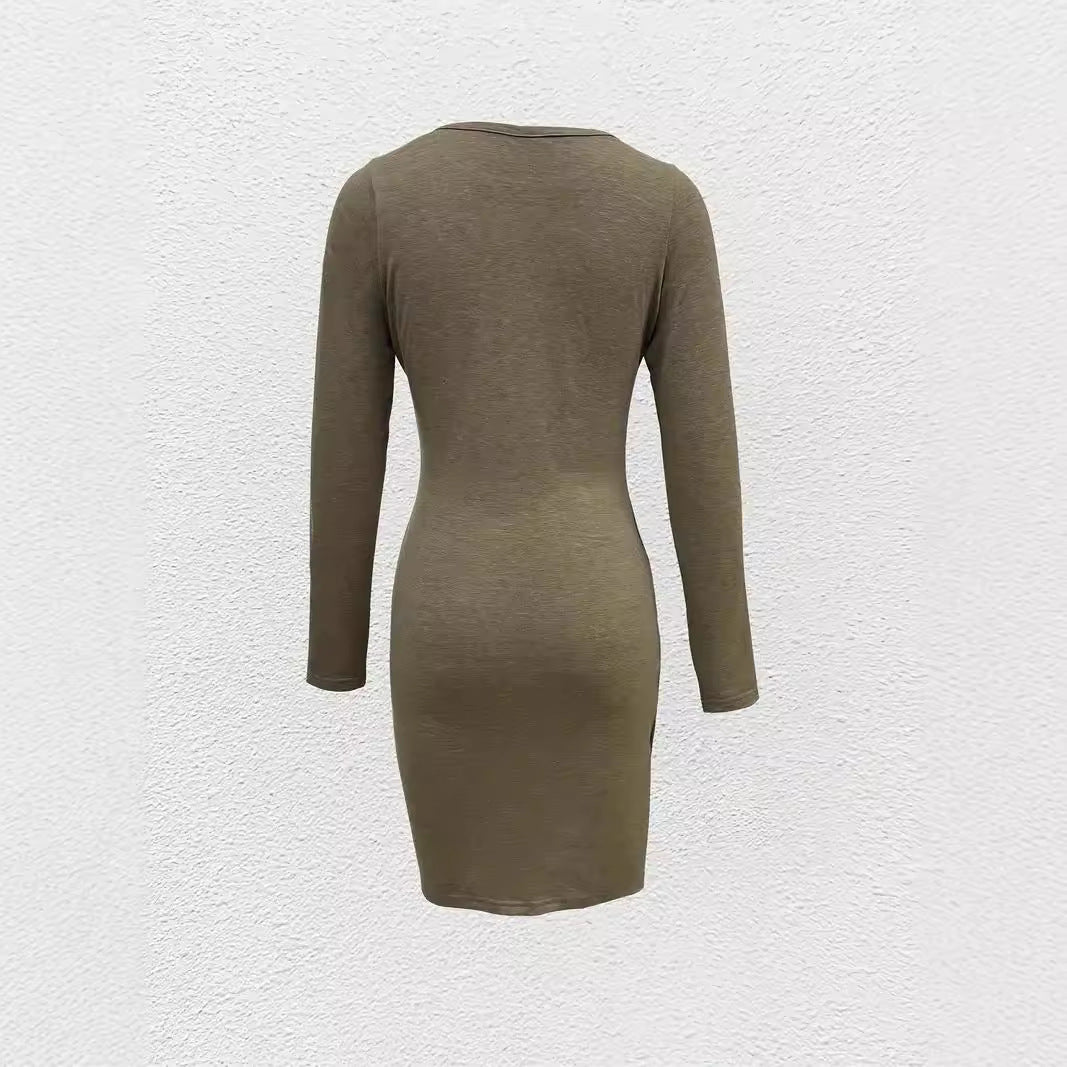 Women Long Sleeve Wrap Look Tulip Dress with Side Pockets Chichicherry
