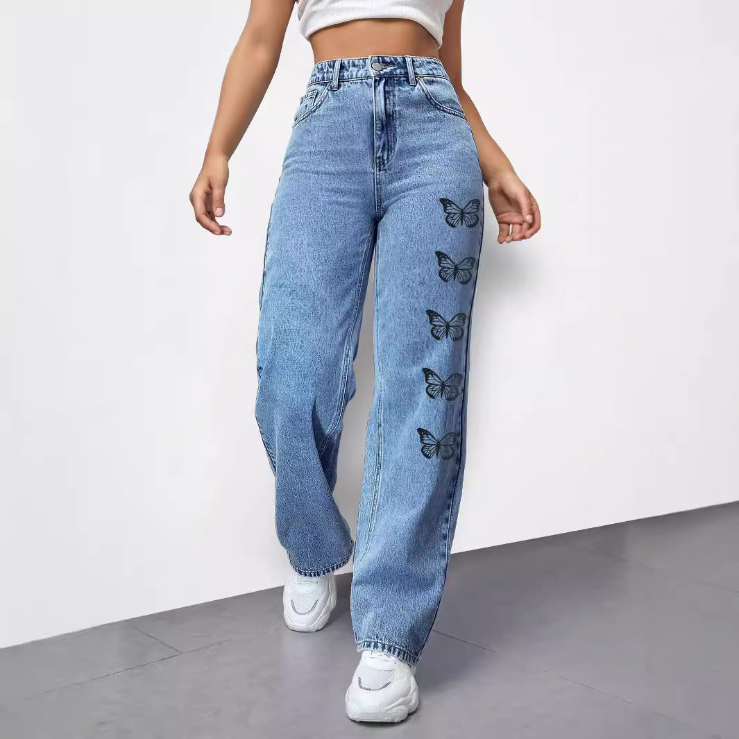 Ladies High-Waist Loose-Fit Denim Pants with Side Butterfly Print Chichicherry
