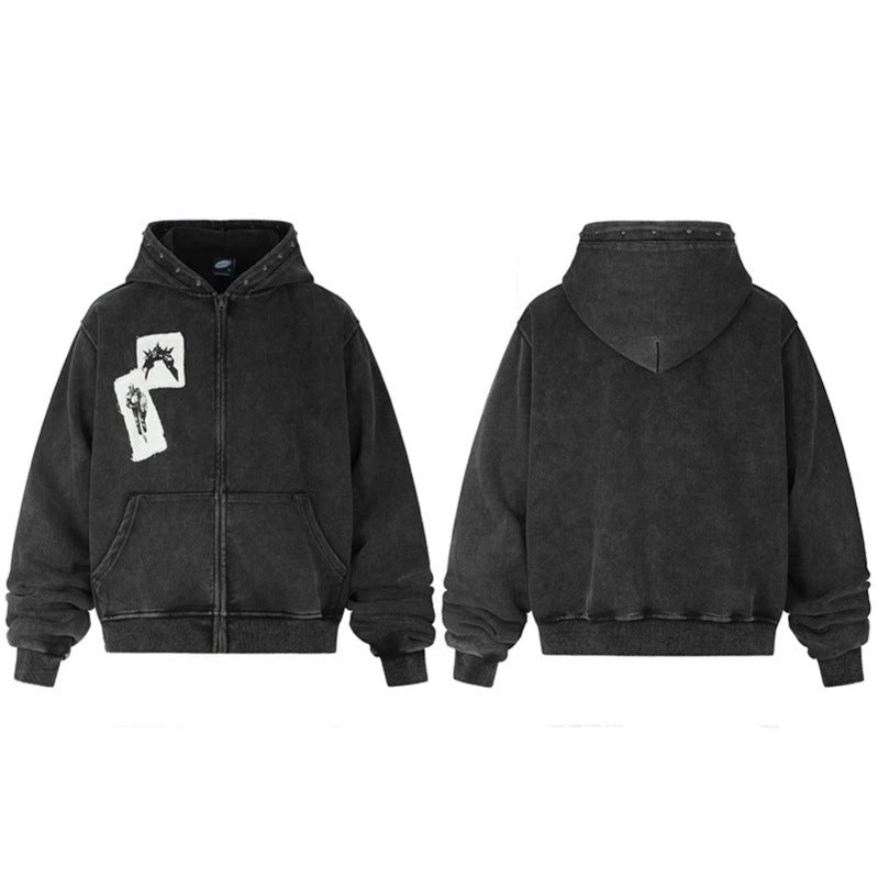 Men's hooded sweat jacket with vintage wash, oversized cut, patch print and studded accents Chichicherry