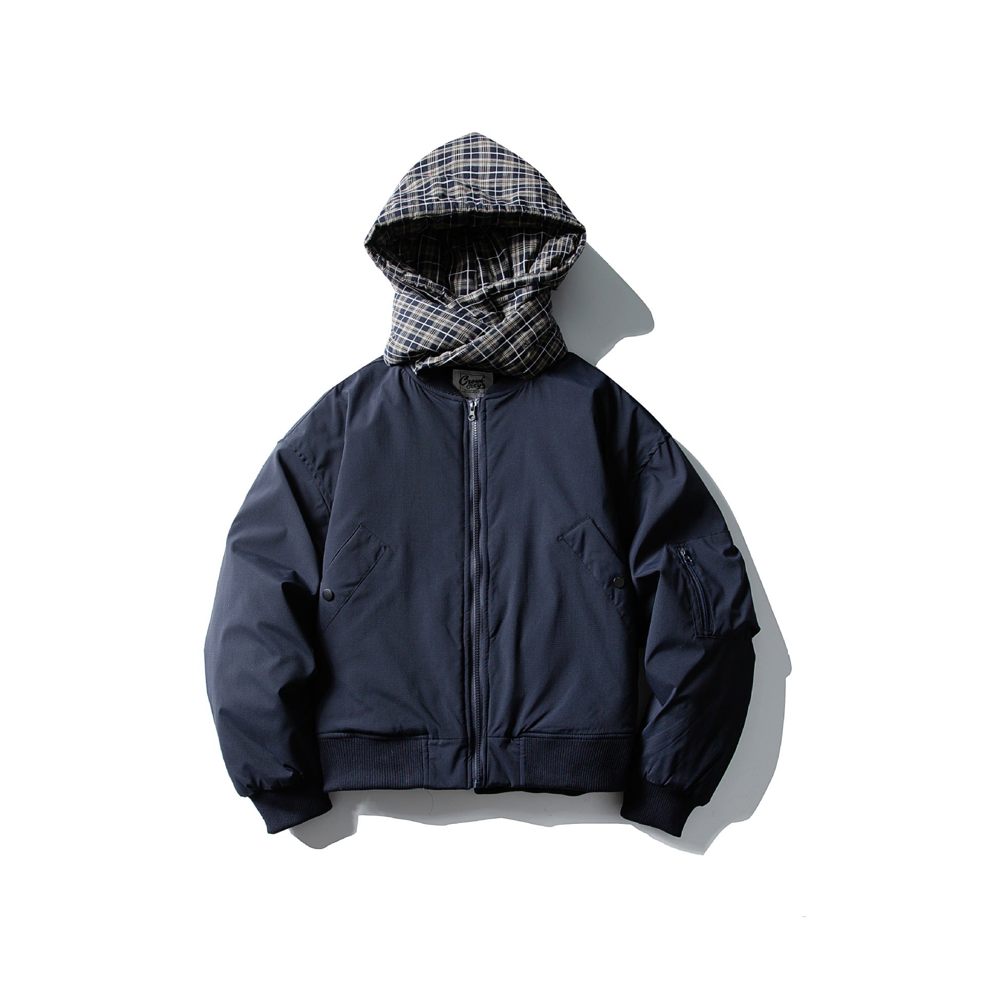 Men's Windproof Bomber Jacket with Quilted Checkered Hood and Integrated Scarf Chichicherry