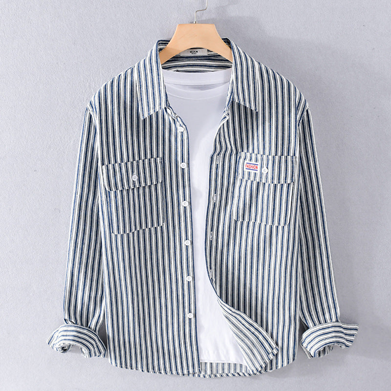 Men's Maritime Striped Overshirt made of Cotton Twill with Chest Pockets and Relaxed Fit Chichicherry