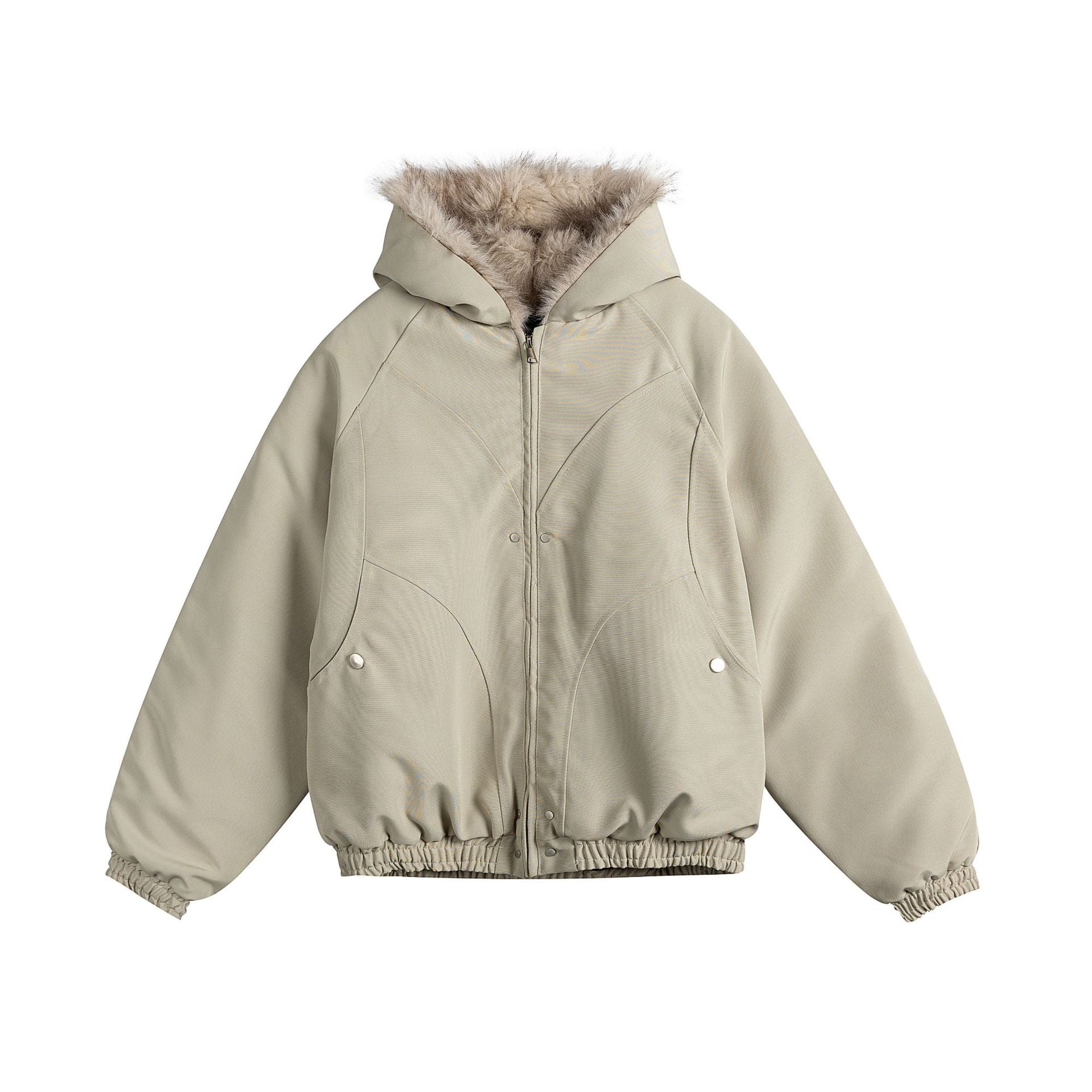 Women Short Cut Camouflage Transition Jacket with Faux Fur Hood and Elastic Hem Chichicherry