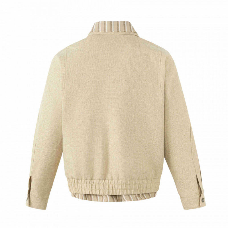 Unisex Lightweight Boxy Transitional Jacket made of Linen Blend with Notched Collar and Inside Striped Trim Chichicherry