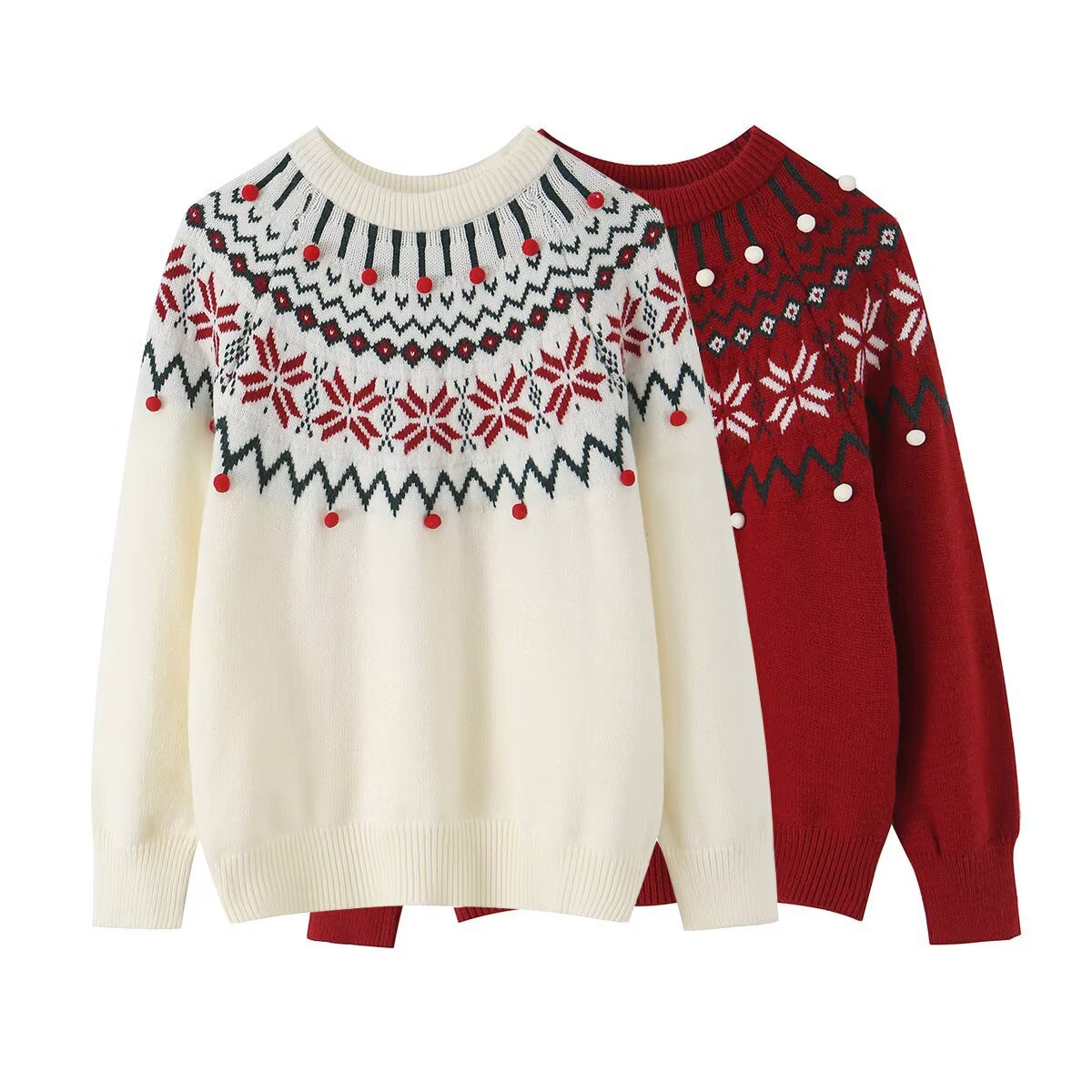 Women's knit sweater with Norwegian border and attached decorative pompons Chichicherry