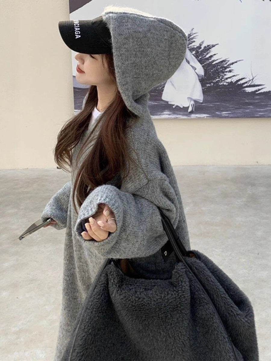 Women's Long Hooded Knit Dress made of Wool Blend with Relaxed Oversize Silhouette and Ribbed Hem Chichicherry