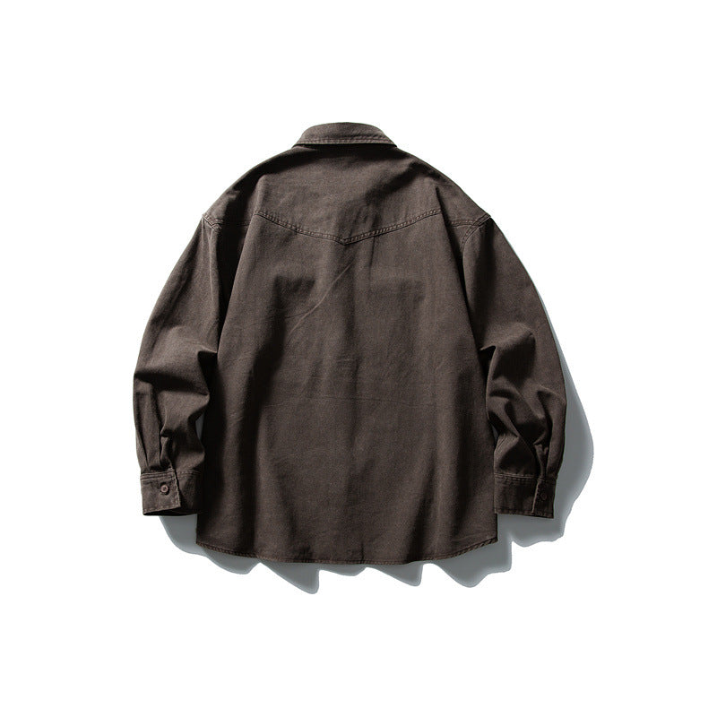 Unisex Oversize Cotton Denim Shirt Jacket with Patch Chest Pockets and Curved Hem Chichicherry