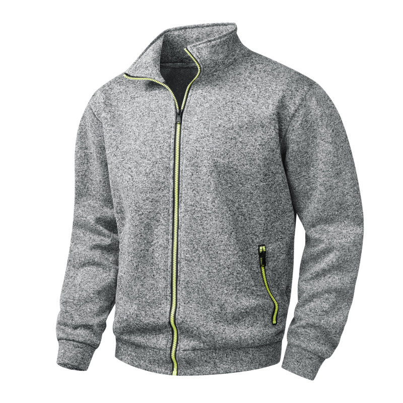 Men's Melange Zipper Fleece Jacket with Stand-Up Collar, Warming Texture & Contrast Zipper Chichicherry