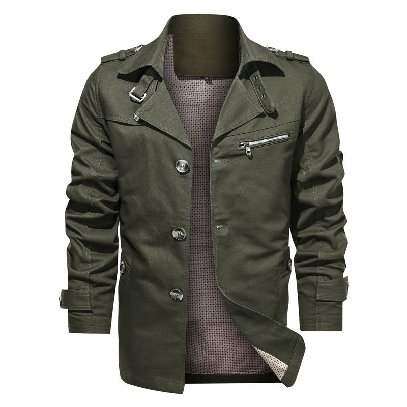 Men's Short Trench Coat in Utility Field Style with Stand-Up Collar and Zip Breast Pocket Chichicherry
