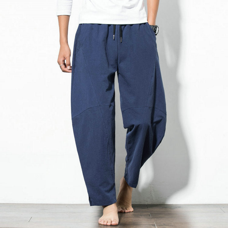 Men's loosely cut linen-cotton harem pants with drawstring and side pockets Chichicherry