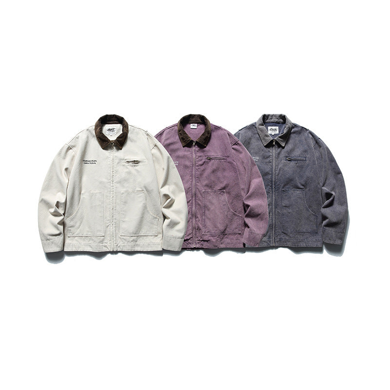 Men's Boxy Worker Jacket made of washed canvas with cord collar and zipper Chichicherry