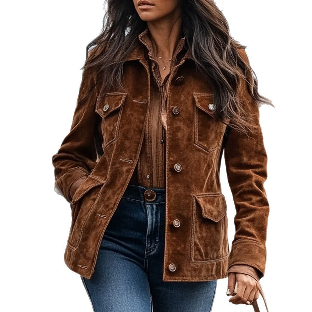 Women's short jacket in ranch-worker look made of suede look with flap pockets and visible button placket Chichicherry