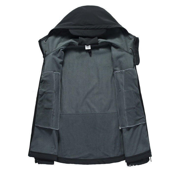 Men's tactical softshell field jacket with hood, multifunction pockets and Velcro patch area Chichicherry