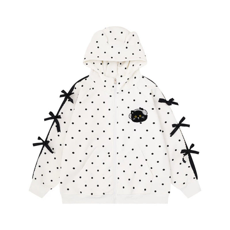 Women's hooded sweatshirt jacket with polka dot all-over, cat patch, bow sleeves and ear hood Chichicherry