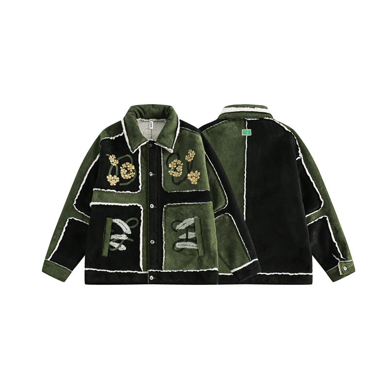 Unisex Patchwork-Sheepskin Look Jacket with Floral Embroidery Chichicherry