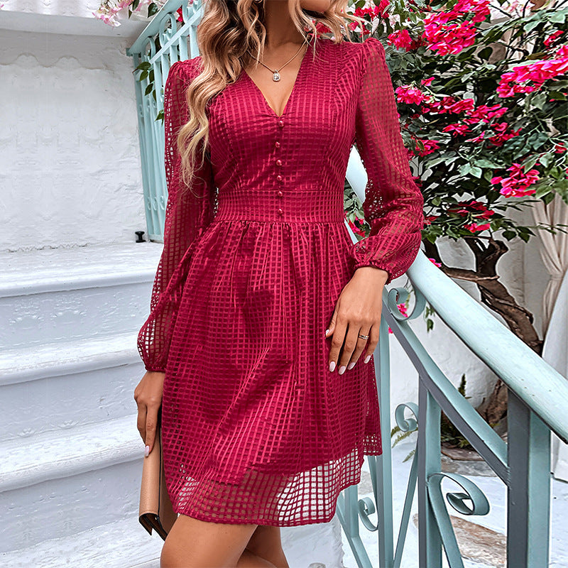 Women's Short A-Line Dress with V-Neck, Decorative Button Placket and Sheer Check Mesh Overlay