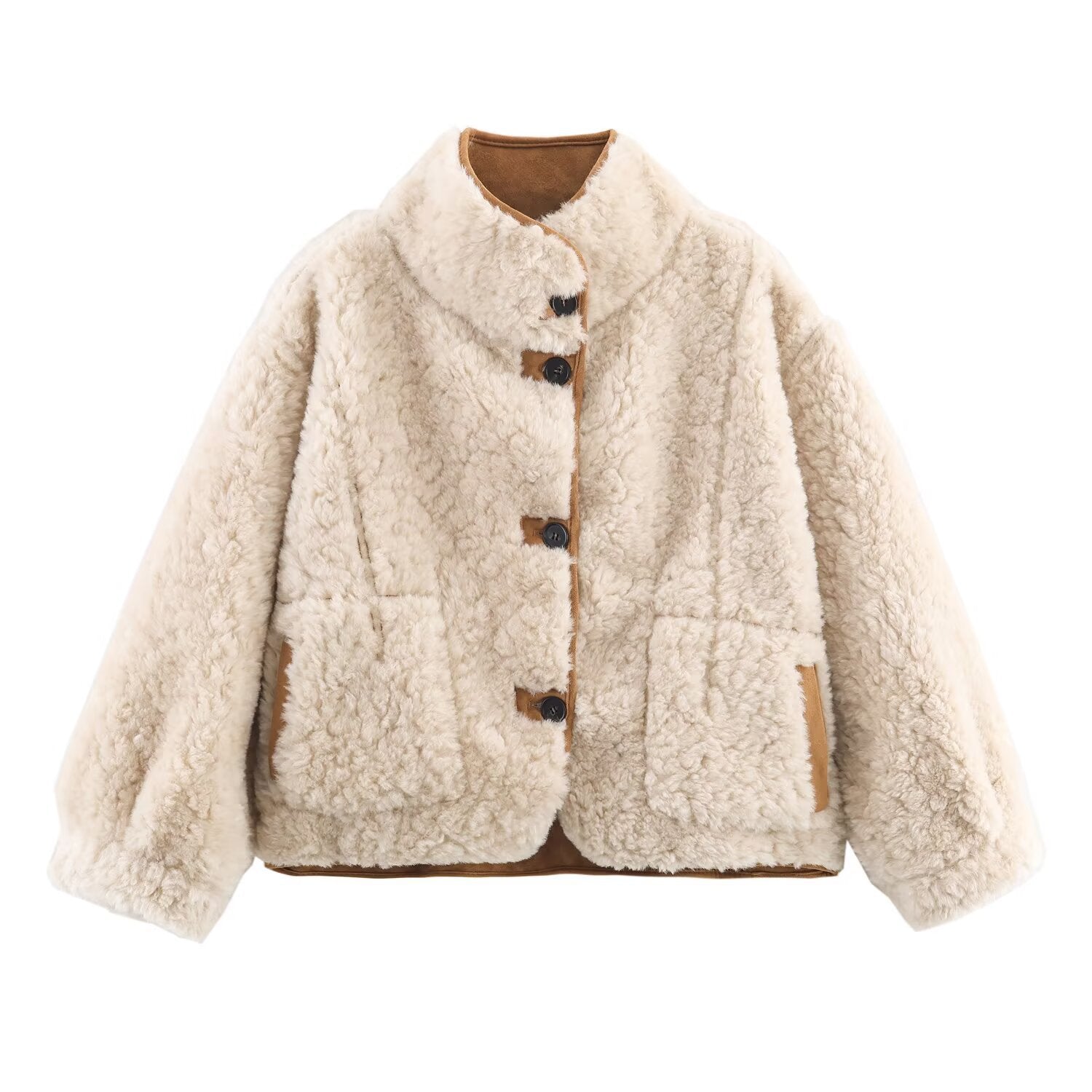 Women's Short Lambskin Imitation Jacket in Boxy Cut with Stand-Up Collar and Large Outer Pockets Chichicherry