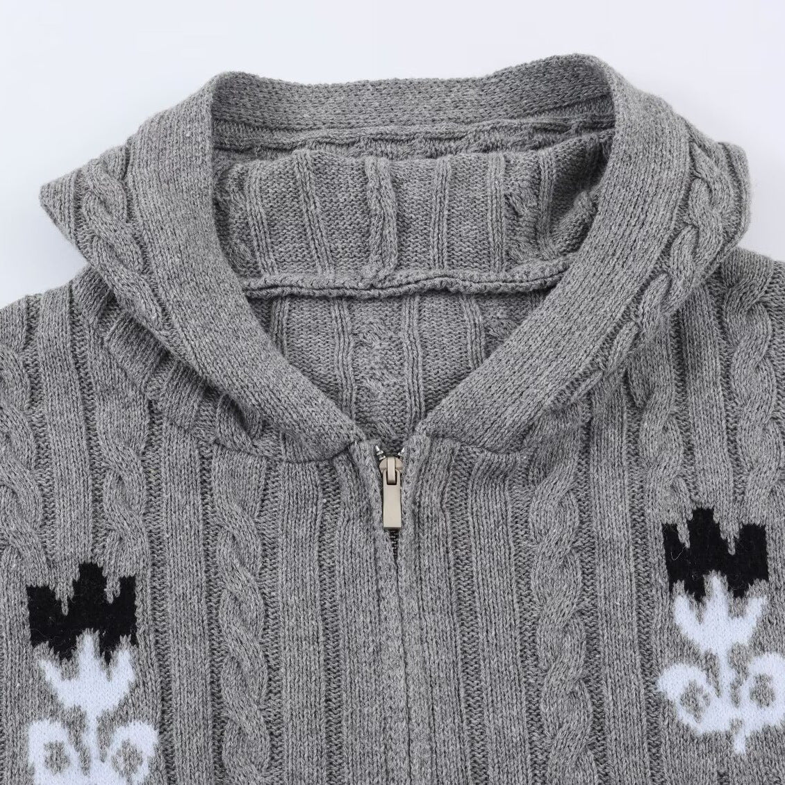 Women's Two-Piece Knit Set with Zipper Hoodie and Short Cable Knit Skirt Chichicherry