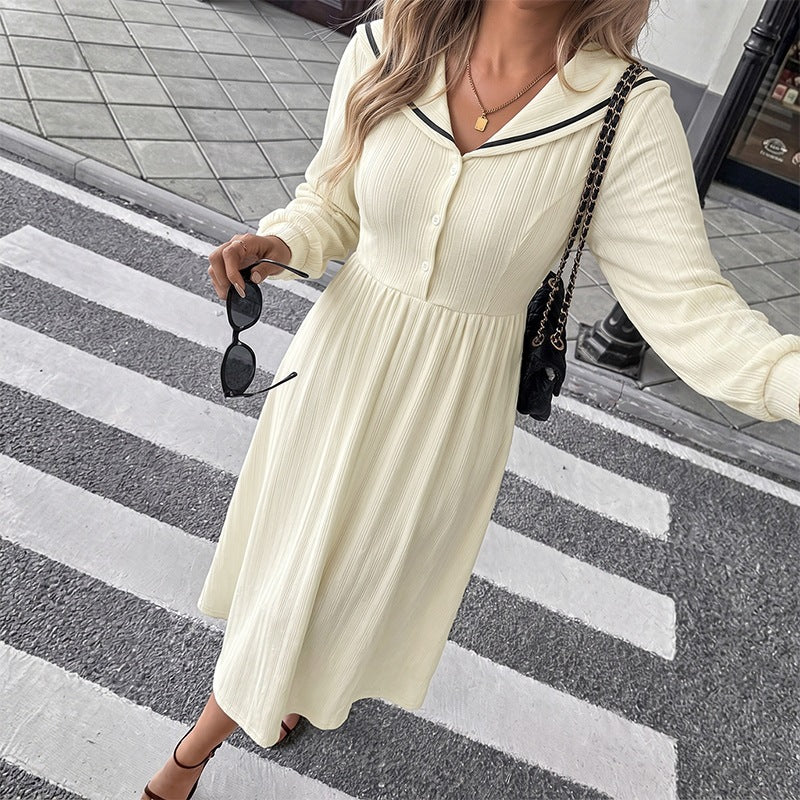 Women's maxi dress with sailor collar, fine ribbed knit and tailored silhouette Chichicherry