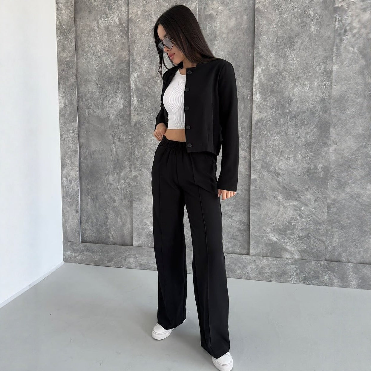 Damen Elegantes Zweiteiler-Set mit Kurzjacke und Hochbund-Faltenhose Chichicherry