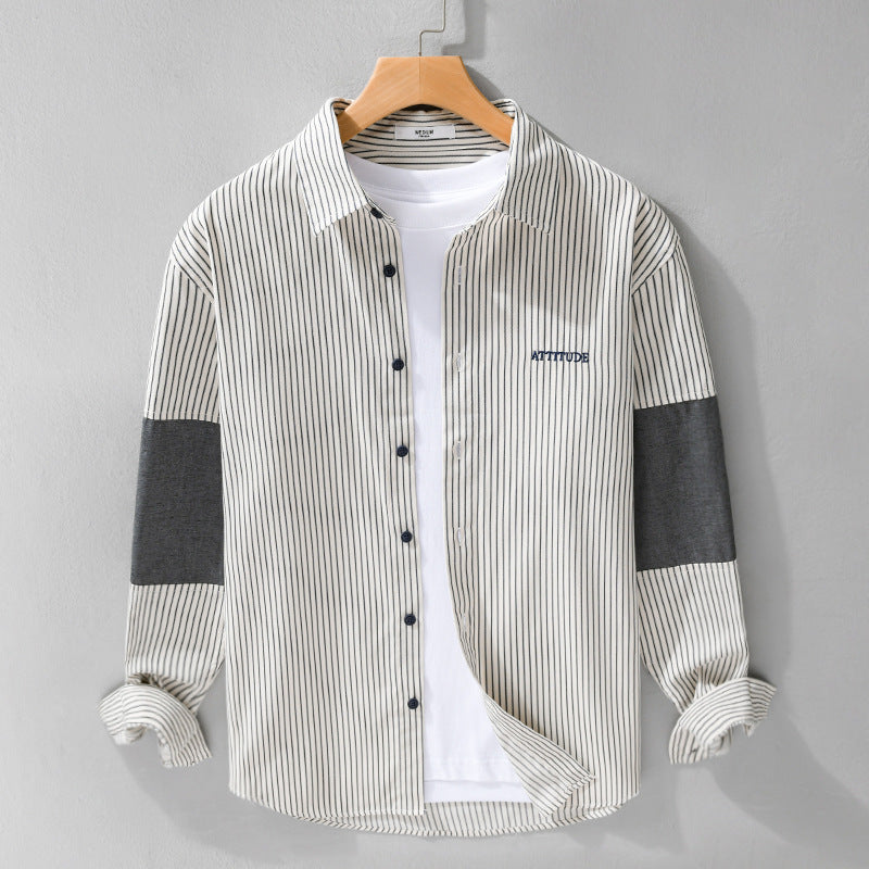 Men's Long Sleeve Shirt with Fine Pinstripes, Contrast Elbows and Rounded Hem Chichicherry